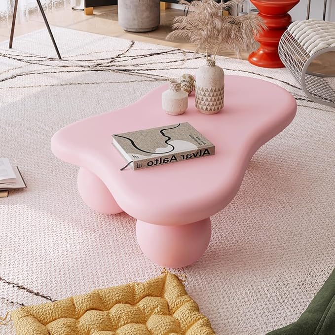 40" Cloud Coffee Table for Living Room Irregular Coffee Table Modern Low Coffee Tables Cute Center Table with 3 Ball Legs for Small Space Apartment Cream Pink