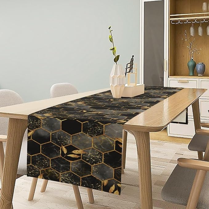Marble Table Runner,Black Golden Marble Texture Abstract Art Pattern Table Runner for Coffee Table Dining Room Table Bedroom Party Holiday Decor 13x108inch