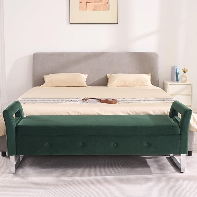 Chifee & Vingol Storage Bench with Armrests, 67.91 Inch Velvet End of Bed Bench Upholstered Storage Ottoman for Bedroom, Livingroom, Entryway - Green