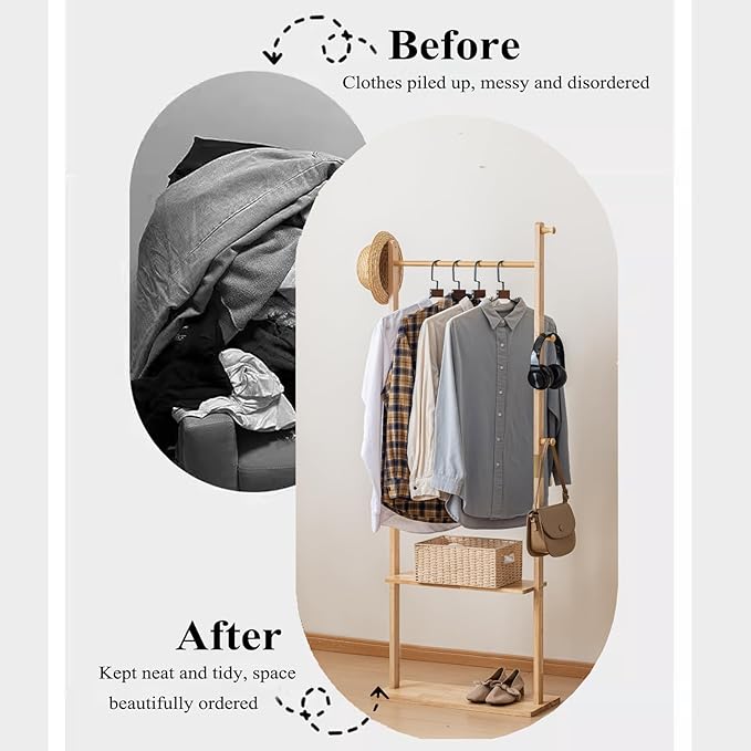 Clothes Rack Solid Wood Coat Rack with Shelves and Hooks – Garment Clothing Rack Coat Rack with Storage for Hallway, Bedroom, Living Room, 23.6 inch, Nature
