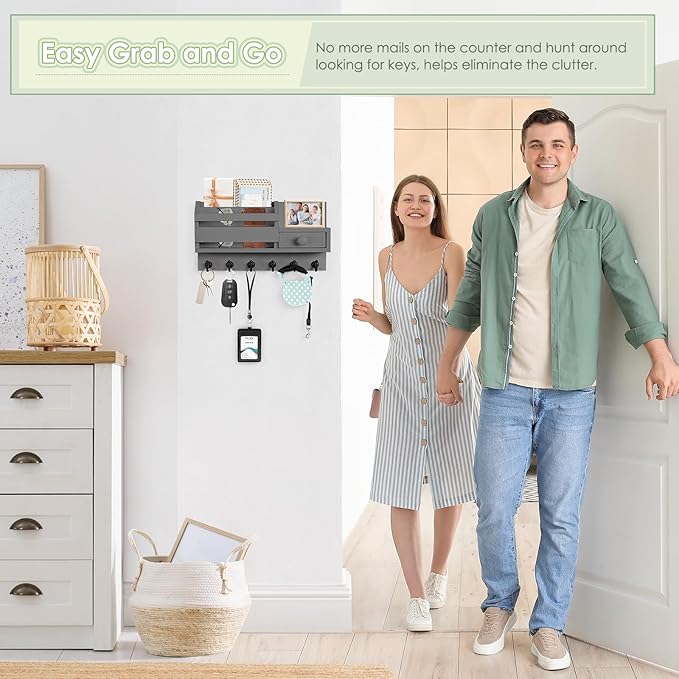 VIS'V Key Holder Wall Mount, Wooden Mail and Key Organizer with Drawer and Shelf, 2 Slots, 6 Hooks, Grey