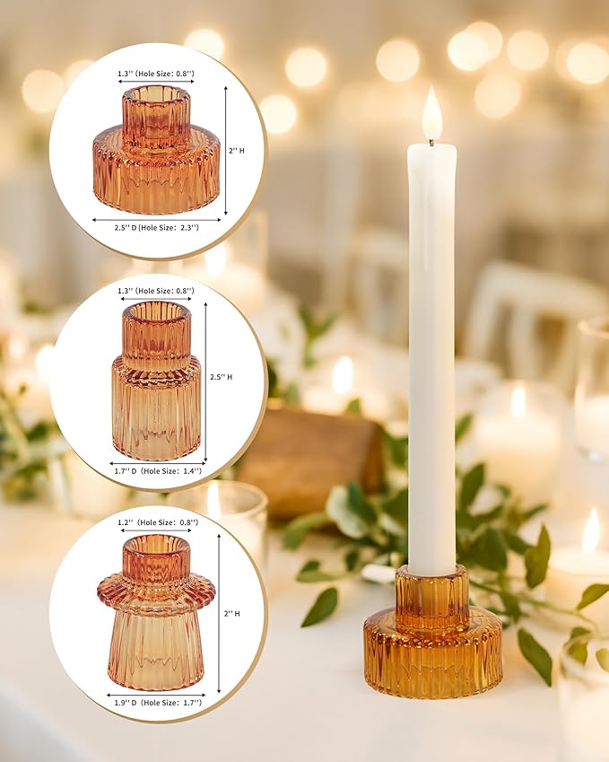 Homemory Colorful Glass Candle Holders, 3 Pcs Amber Tealight Candle Holder, Taper Glass Candlestick Holder, Votive Candle Holders for Tables Wedding Centerpieces, Shabbat, Home Decor, Christmas
