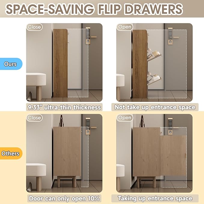 Rattan Shoe Storage Cabinet with 4 Flip Drawers & 2 Drawers, Freestanding Organizer for Front Door Entrance, Hidden Narrow Shoe Rack Cabinet Storage for Entryway, Rustic Oak Rattan