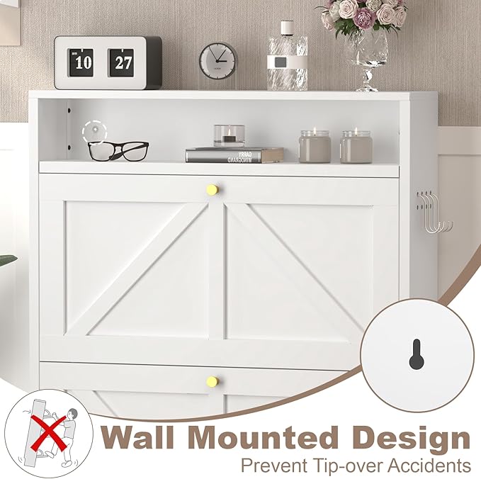 Shoe Storage Cabinet for Entryway, 2 Flip-Down Floating Hidden Shoe Rack, Ultra Slim Wall Mounted Steel Shoe Organizer for Small Spaces, Modern Front Door Shoe Storage, Anti-Tip, White