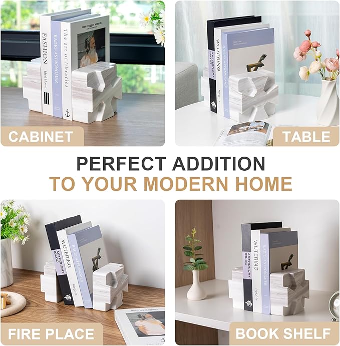 Decorative Square Marble Bookends for Heavy Books – Unique Book Ends for Shelves – Modern Aesthetic Book Holder/Stopper with Non-Slip Pads for Chic Home, Office, or Library Decor, Volakas