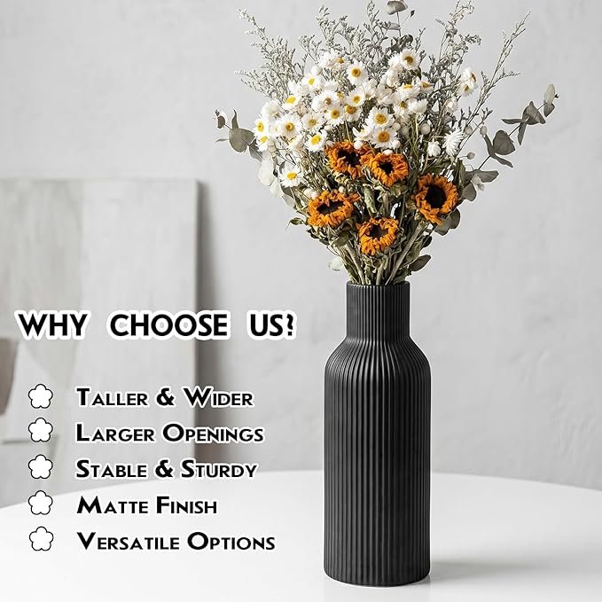 Large Black Tall Ceramic Vase,Smooth 3D Vertical Ribbed, Nordic Minimalist for Pampas, Dried & Fresh Flowers, Home Decor for Living Room, Coffee Table, Bookshelf, Entryway, Farmhouse