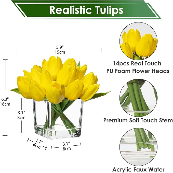 DILATATA Artificial Yellow Tulips in Vase with Faux Water 5.5" Real Touch Flowers Fake Tulips Small Flowers Arrangement in Cube Glass Vase for Mother's Day Table Centerpiece Wedding Home Decor