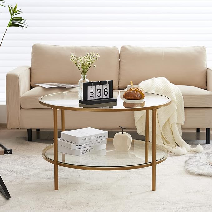VINGLI Glass Coffee Table,30" Round Coffee Table Gold Coffee Tables for Living Room,2-Tier Glass Top Coffee Table with Storage Clear Coffee Table,Simple & Modern Center Table Mesa de Centro para Sala