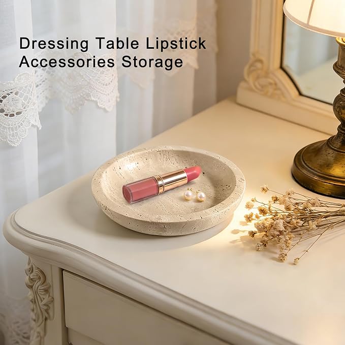 Jewelry Dish 5.5"x5.5",Natural Travertine Stone Trinket Dish - Round Decorative Vanity Tray for Jewelry, Keys, and Small Accessories, Countertop Organizer for Bathroom, Bedroom, Entryway