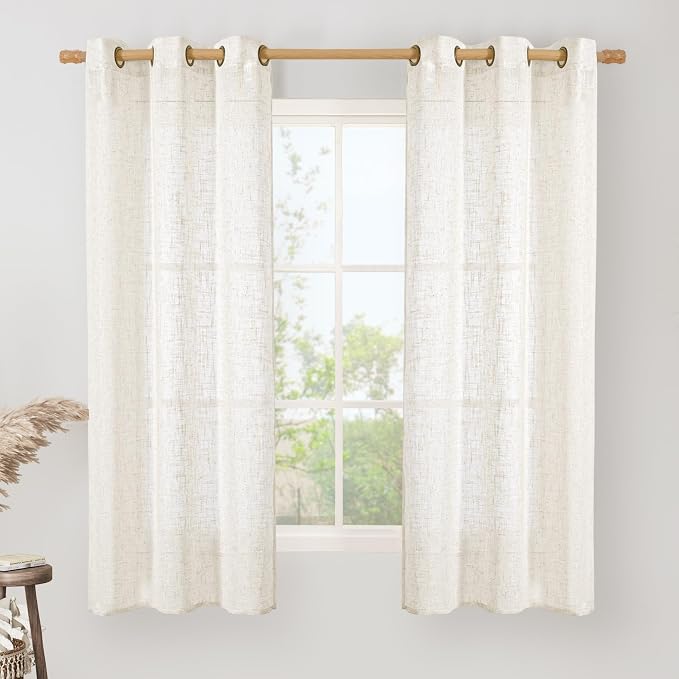 LAMIT Cream Sheer Linen Curtains for Windows 60 Inch Length, Light Filtering Short Drapes Bronze Grommet Neutral Boho Panels for Bedroom/Kitchen, 2 Panels, 34 x 60 Inch