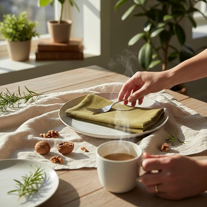 Linen Napkins –100% French Flax – Stonewashed Pure Linen Cloth Napkins - Size 18 Inch x 18 Inch – Set of 4 (Olive Green)