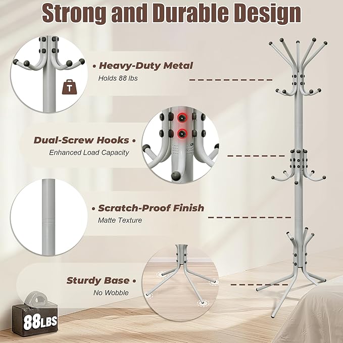 Metal Coat Rack, Freestanding Coat Tree & Hall Tree with 15 Hooks, Sturdy Coat Rack Stand and Hat Rack, Coat Hanger for Entryway, Bedroom, Office for Jackets, Hats, Bags, Grey