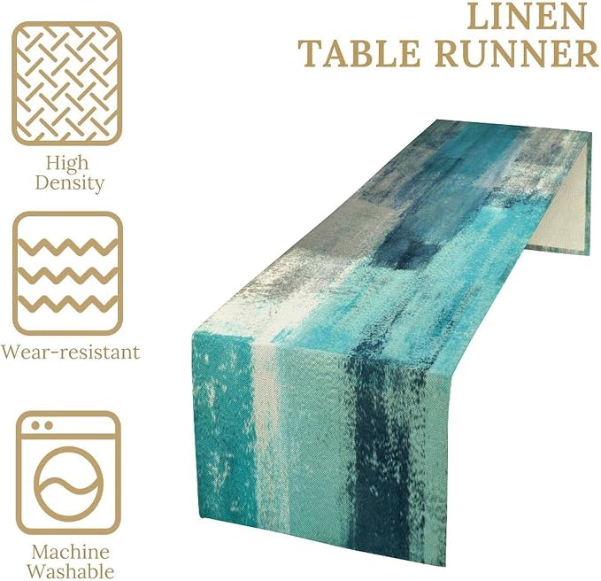 Teal Peacock Blue Abstract Art Contemporary Table Runner,Modern Neutral Decorative Pattern Table Runner for Coffee Table Dining Room Table Bedroom Party Holiday Decor 13x36inch