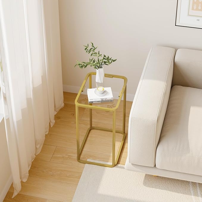 Garden 4 you Glass Side Table, Rectangle End Table with Metal Frame, Modern Bedside Table for Office, Bedroom, Living Room, Study, Small Spaces, Easy Assembly, 15.75 * 11.81 * 20.87 Inches, Gold