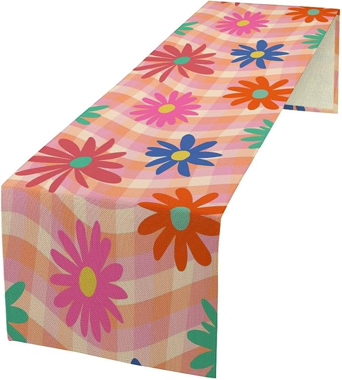 Retro Floral Checkered Table Runner Vintage Gardern Flowers Twisted Colorful Groovy Trendy Hippie Grid Farmhouse Country Dinner Runner for Home Kitchen Dining Table Party Holiday Decor 13"x108"