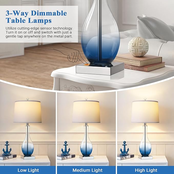 WIHTU 27" Navy Blue Bedside Desk Lamps for Nightstand Decorations, Table Lamps Set of 2 with Touch Control, 3-Way Dimmable Modern Glass Table lamp with USB C and A Charging Ports (LED Bulbs Included)