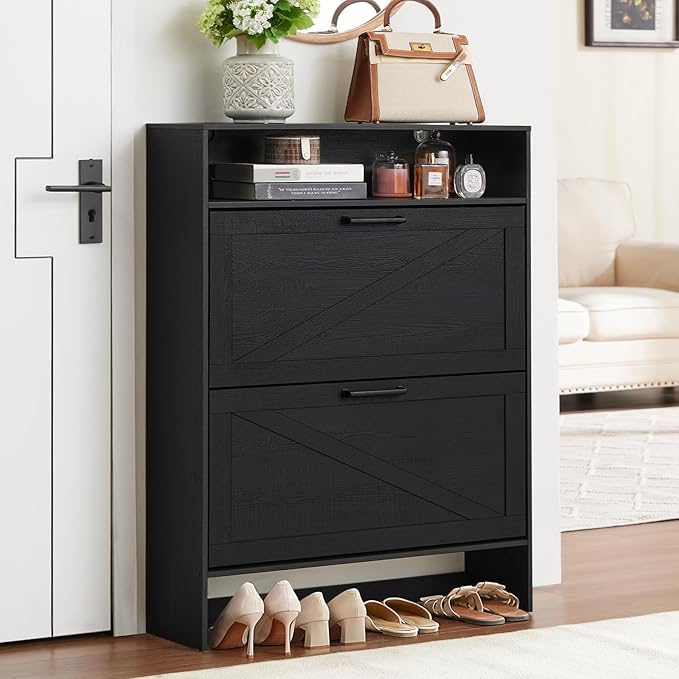RWYHG Shoe Cabinet Storage for Entryway with 2 Flip Drawers Open Storage Layer Rack Narrow Organizer Slim Hidden Wood Shoe Cabinet Furniture Black