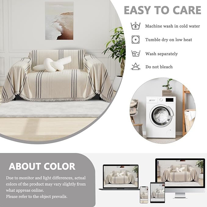 DREAMINGO Chenille Armchair Cover Jacquard Sofa Covers Washable Furniture Protector Recliner Couch Cover 1 Cushion Reversible Chair Cover Beige Light Grey Striped Couch Cover Blanket 71"x 71"