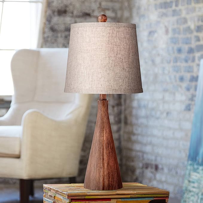 360 Lighting Fraiser 23 1/2" High Cone Small Mid Century Modern Accent Table Lamps Set of 2 Brown Wood Finish Cottage Core Living Room Bedroom Bedside Nightstand House Office Home Oatmeal Shade