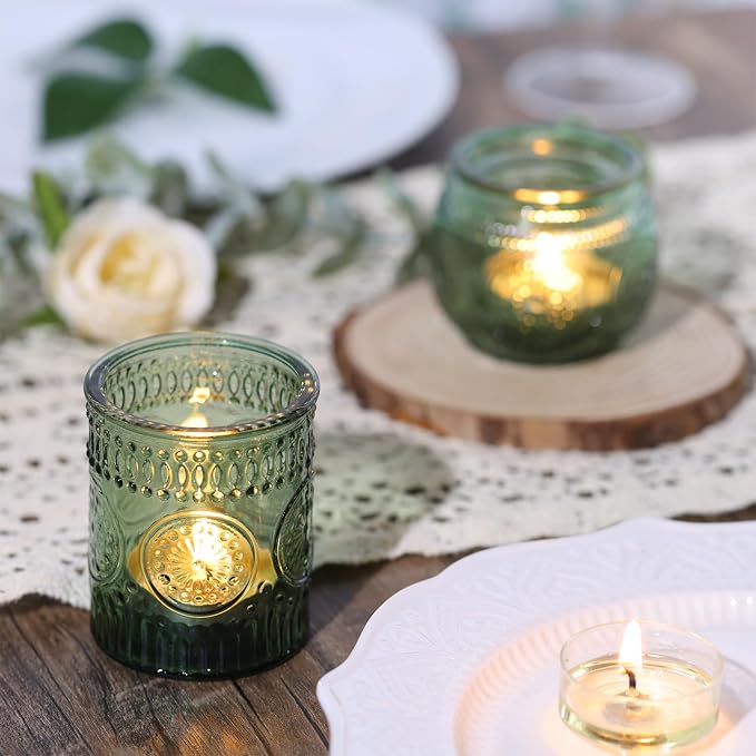 DARJEN 48Pcs Green Votive Candle Holders- Glass Candle Holders Bulk for Flameless LED Tea Waxes, Romantic Candle Holder for Wedding Decor, Various Parties & Dinner Table
