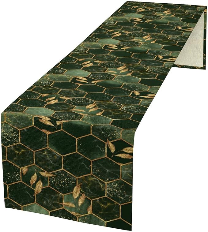 Marble Table Runner,Green Golden Marble Texture Abstract Art Pattern Table Runner for Coffee Table Dining Room Table Bedroom Party Holiday Decor 13x72inch