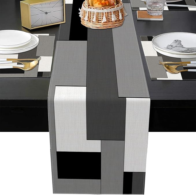 Emvency Black Grey Table Runner and Placemats Set of 6, Modern Geometric Abstract Painting Art Dining Decor for Daily Use(1 Table Runner 72 inches Long and 6 Placemats)