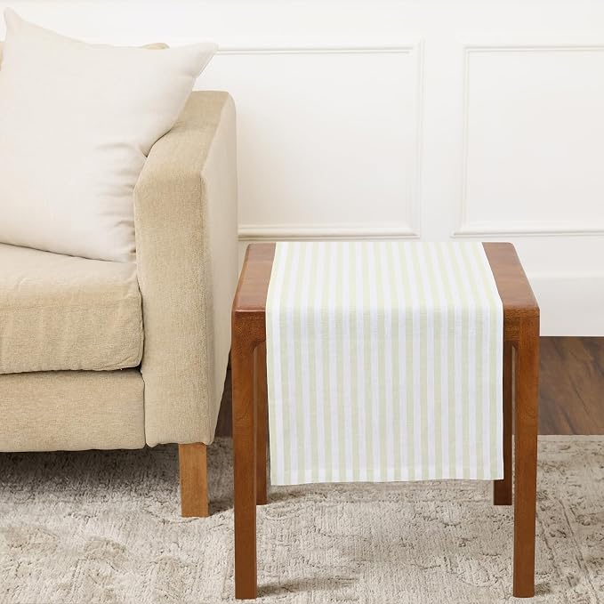 Solino Home Linen Table Runner 36 Inches - Amalfi Stripe 100% Pure Linen Sage and White Farmhouse Table Runner 14 x 36 Inch for Dresser and Coffee Tables - Summer