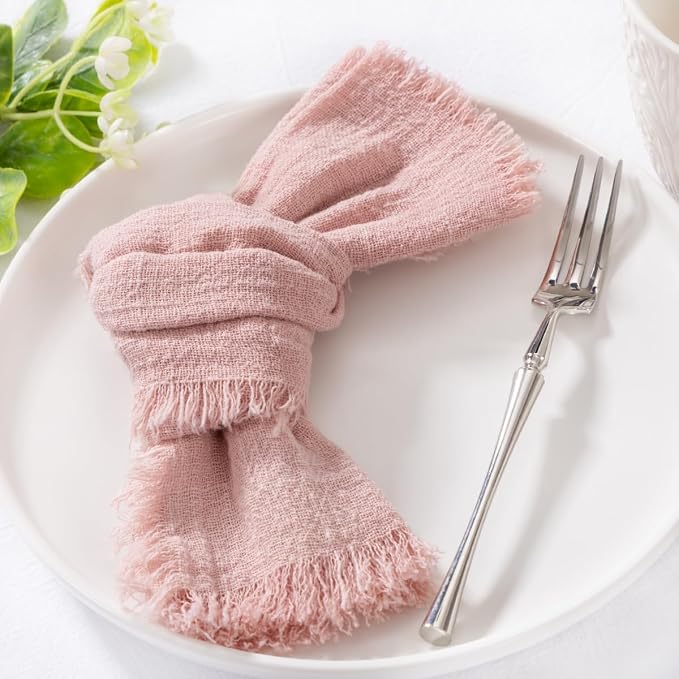 MLMC 10 Pack Dusty Pink Cloth Napkins with Fringe Boho Linen Napkins Washable Reusable Rustic Dinner Table Decor 17"×17" for Wedding Party Bridal Baby Shower Home Decor