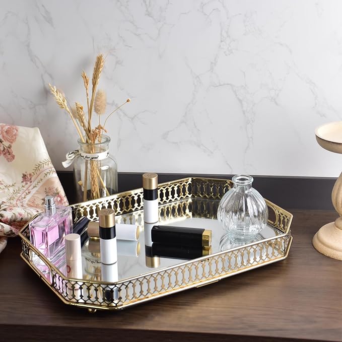 Bar Cart Tray Glass and Gold Tray，Mirrored Tray for Cologne, Perfume and Gold Vanity Tray- Decorative Mirrored Vanity Tray with Cutout Design, Glass Base, Metal Jewelry Organizer