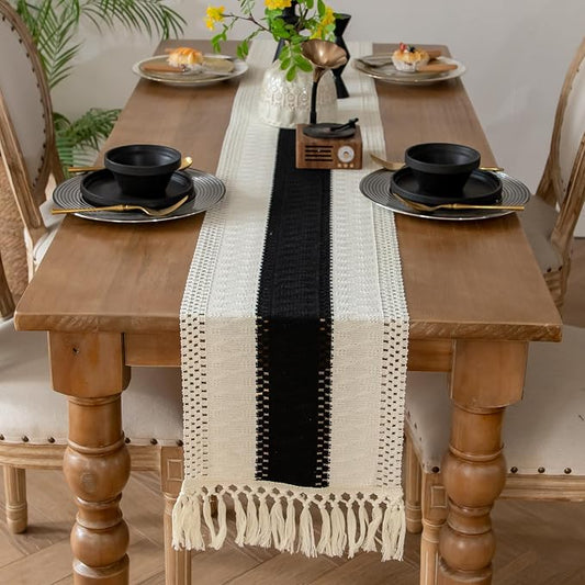 EMMTEEY Boho Table Runner with Tassels- Scratch & Heat Resistant, 36 Inches Long Table Runner Cotton Linen Macrame Handmade for Dining Table/Wedding Décor (12"X36", Black)