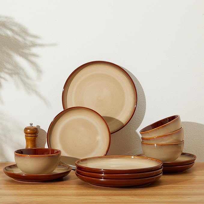 Pokini Stoneware Dinnerware Sets, Ceramic Plates and Bowls Set, Microwave & Dishwasher Safe Kitchen Dish Set, Modern Dinner Salad Plates | Cereal Bowls for 4, Dishware Sets Brown Yellow