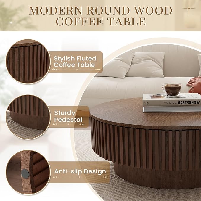39.37'' Round Coffee Table with Storage, Modern Fluted Circle Coffee Table Unique Drum Low Center Tea Table with Solid Wood Veneered for Living Room Small Space, Mesas De Centro para Sala, Walnut