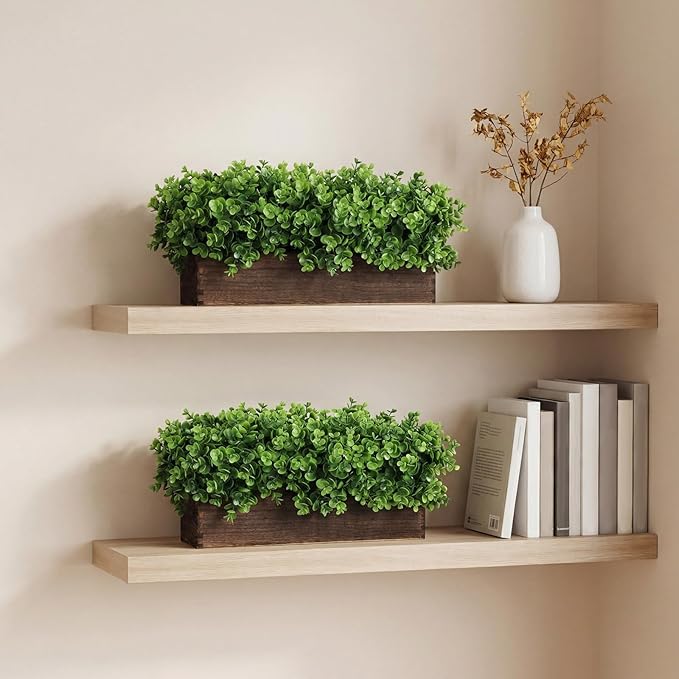 Lyrow 2 Pack Artificial Eucalyptus Plant in Rustic Rectangular Wooden Planter Box Greenery Faux Potted Herb Plant for Indoor Wedding Table Centerpiece (Emerald,16 x 3.7 x 8.7 Inches,Stylish Style)