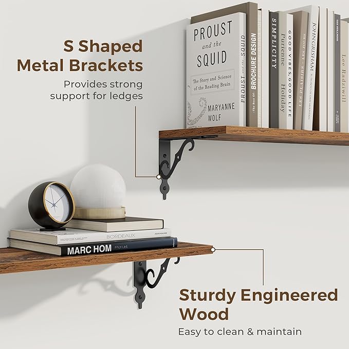 RICHFOCUS Floating Shelves for Wall Decor, 47.3W x 8D Shelves Set of 2, 8 Inch Deep Rustic Wood Shelf Wall Mounted with Brackets, Long Shelves for Living Room Bedroom Kitchen, Rustic Brown