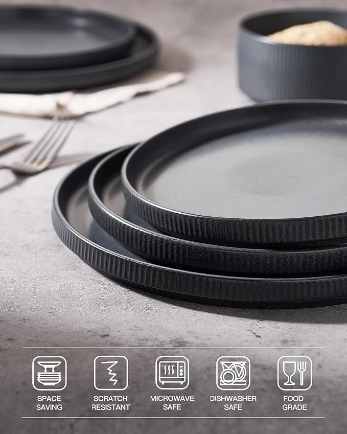 famiware Star Salad Plates for 6, 8 inches Plate Set, Stoneware Dinnerware, Small Dinner Plates for Dessert, Salad, Appetizer, Matte Dark Charcoal (Full Glaze) (Pack of 2)