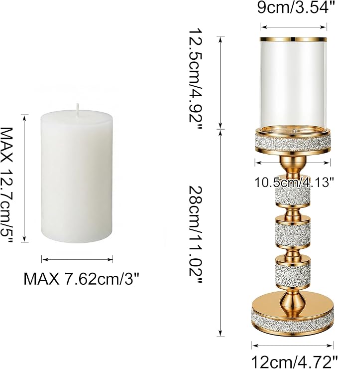 Hurricane Candle Holder, 15.9" Tall Metal Candle Stand, Glass Pillar Candle Holders, Crystal Gold Decorative Centerpieces for Table, Wedding and Dining Room (Fits Candles up to 3"x5", 2pcs, L)