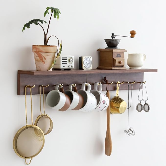 Marine Plywood Wall Mounted Coat Rack with Shelf & Key Hooks, 5 Brass Hooks Entryway Organizer, Modern Floating Shelf for Bedroom Hallway, Space-Saving Home Storage Rack (2, Walnut Finish)
