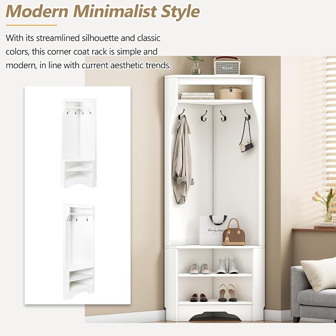 Harper & Bright Designs Minimalist Corner Hall Tree with Shoe Bench, Versatile Entryway Coat Rack with 4 Hooks, Corner Cabinet with Adjustable Shelf for Hallway, Living Room, White, 29.5''W*71.6''H