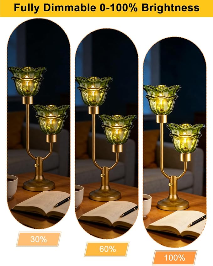 Lightdot Mid Century Modern Flower Table Lamp Gold Dimmable Green Glass Desk Lamps 2 Bulbs Included Bedside 3000K Warmwhite Nightstand Ambiance Lamp for Living Room Bedroom