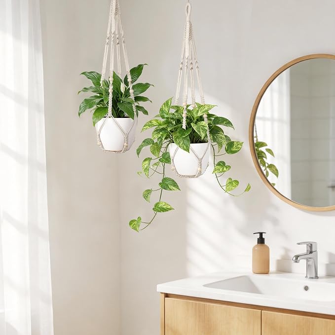 Dahey Macrame Plant Hanger Set of 2 Indoor Outdoor Hanging Planter with Wood Beads Decorative and 2 Hooks Flower Pot Plant Holder No Tassels for Boho Home Decor, 35 Inch, Ivory(Pots Not Included)