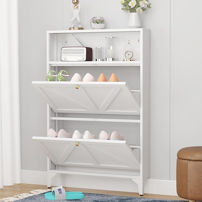 Shoe Storage Cabinet for Entryway with 2 Flip Drawers, Freestanding Shoe Organizer with Legs,Farmhouse Narrow Shoe Storage Cabinet for Entryway, Foyer,Living Room (2-Drawers, White)