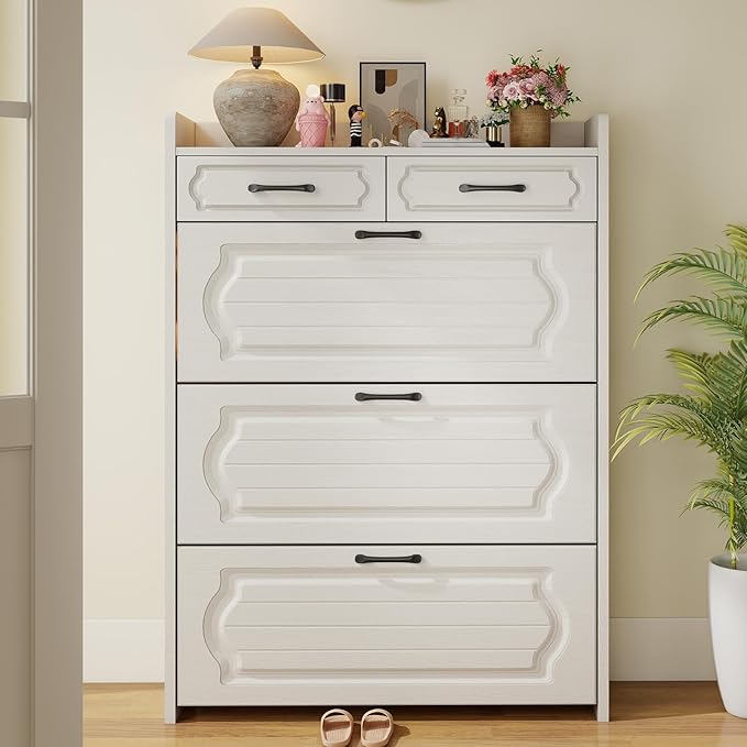 Shoe Cabinet with 3 Large Flip Drawers and 2 Storage Drawers, Narrow Shoe Organizer Cabinet Fits for Kinds of Shoes, Hidden Shoe Storage Cabinet for Entryway, Hallway, White