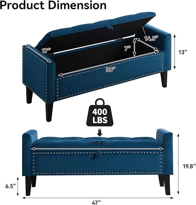 WUTUTUEE 47" Velvet Storage Bench, Upholstered Bed Bench with Storage, End of Bed Ottoman with Wooden Legs,Bedside Storage Bench for Bedroom, Living Room, or Entryway, Blue