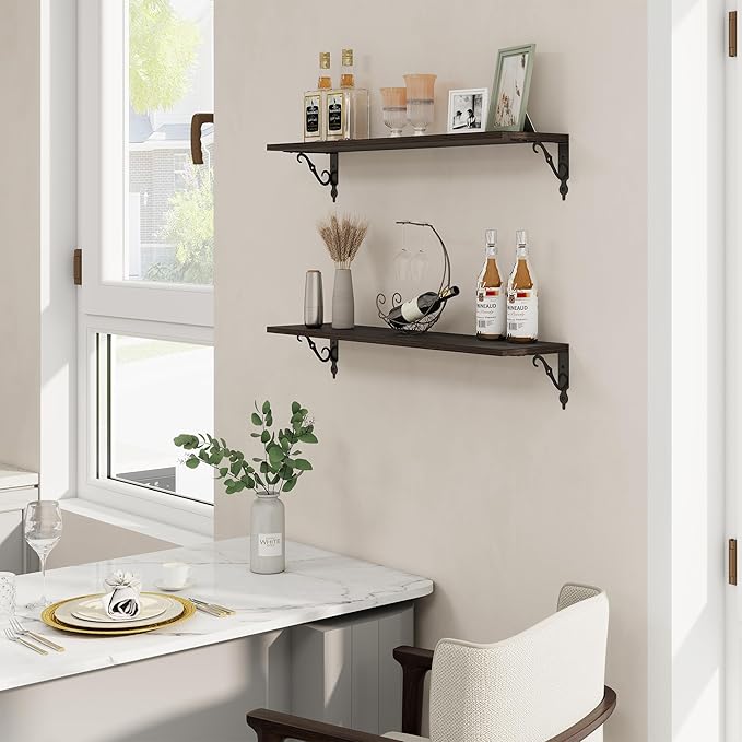 RICHFOCUS Floating Shelves for Wall Decor, 31.5W x 8D Shelves Set of 2, 8" Deep Rustic Wood Floating Shelves Wall Mounted with Metal Brackets, Shelves for Living Room Bedroom Kitchen, Black