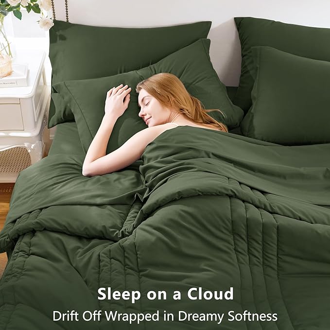 CozyLux Queen Size Comforter Sets - 7 Piece Bed in a Bag Olive Green Comforter Set with Sheets Luxury Bed Set All Seasons, Soft Bedding Set with Down Alternative Comforter, Sheets, Pillowcases & Shams