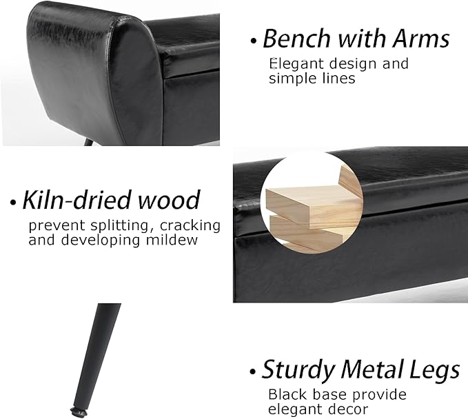 Storage Bench for Bedroom, 55" Extra Long Bench for King Size Bed, Modern Upholstered End of Bed Ottoman Bench with Arms for Entryway Living Room (Vegan Leather, Black)