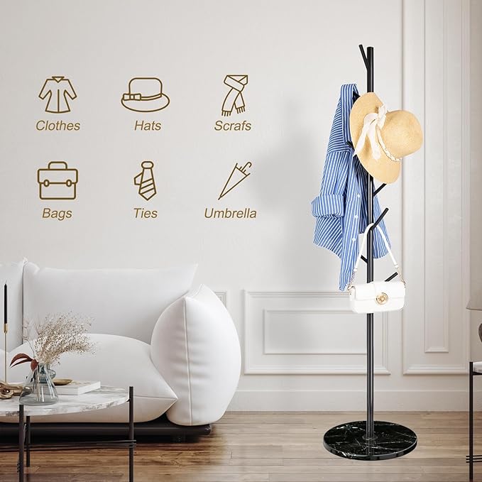 ZOZOE Metal Coat Rack Freestanding, Modern Heavy Duty Coat Racks with Natural Marble Base, Stable Coat Tree Stand, Hall Tree Hanger Coat Stand with for Bags, Hats, Entryway, Office