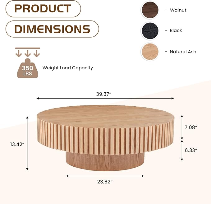 39.4" Oak Round Coffee Table Wood, Modern Drum Fluted Circle Coffee Table for Living Room, Contemporary Low Center Table Side Table for Apartment, Farmhouse, Office, mesa de Cafe, Natural Ash