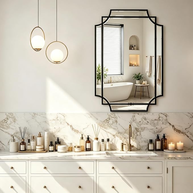 Geometric Beveled Mirror, 30" x 20" Art Deco Mirror with Wood Frame, Ornate Rectangle Accent Wall Mirror for Bathroom, Entryway, Hallway, Living Room, Bedroom, Horizontal or Vertical Hanging