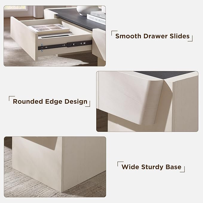 JXQTLINGMU 47" Modern Coffee Table with Storage, Wood Large Coffee Table with Drawer, Rectangle Center Table for Living Room, Antique White